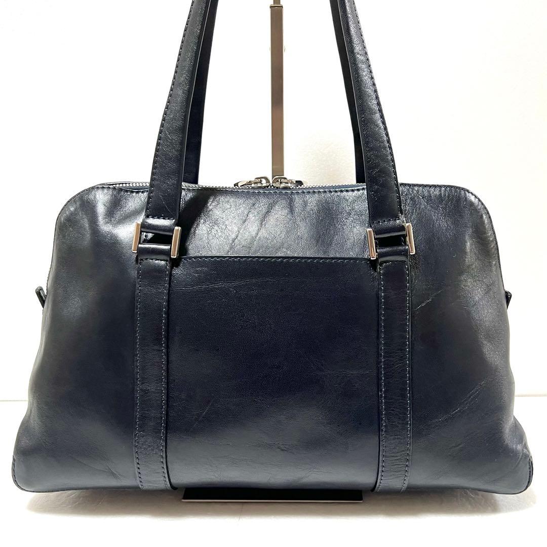【良品】HIROFU ヒロフ ハンドバッグ ロゴ型押し ネイビー