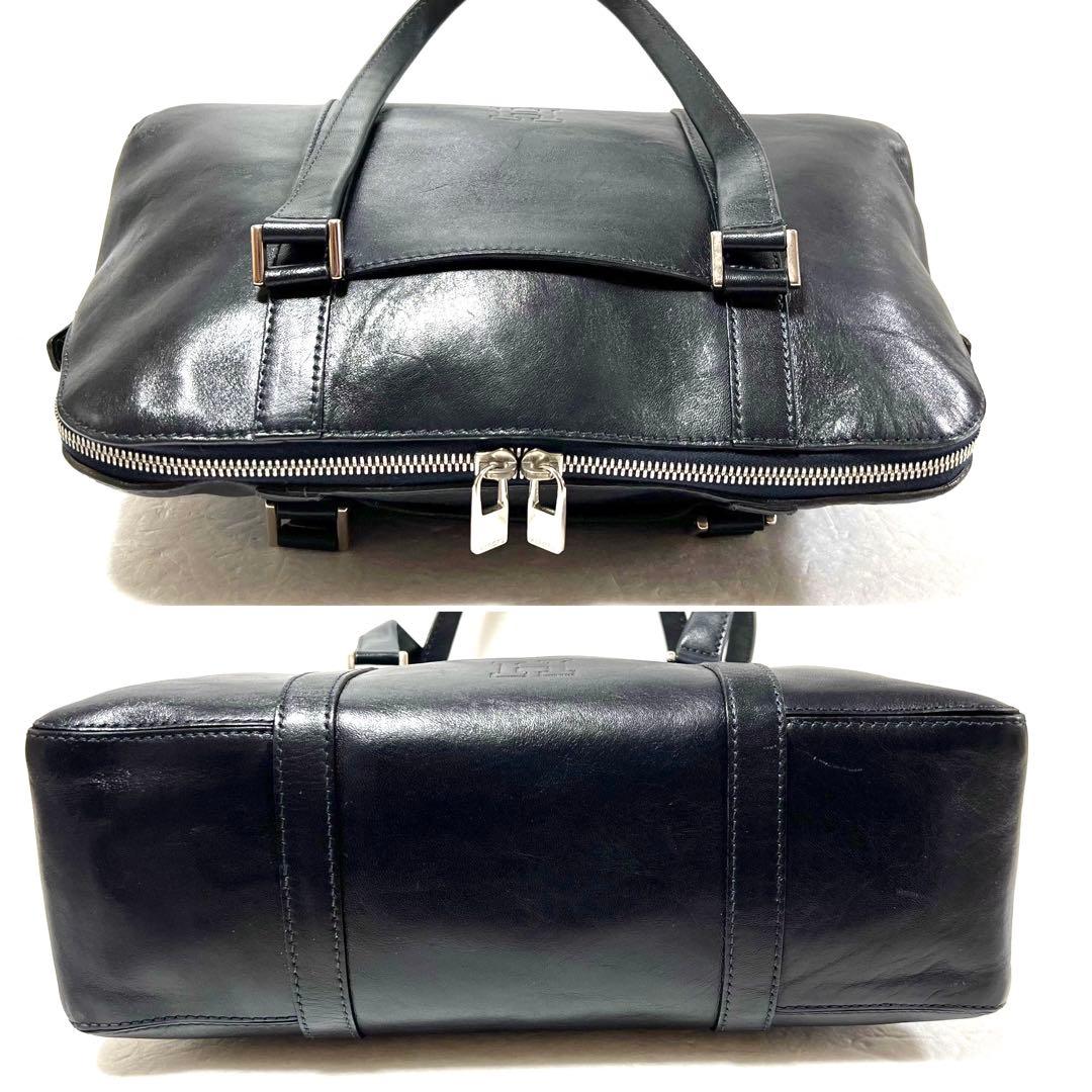 【良品】HIROFU ヒロフ ハンドバッグ ロゴ型押し ネイビー