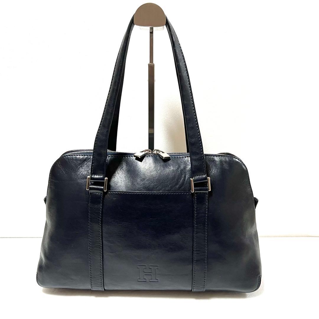 【良品】HIROFU ヒロフ ハンドバッグ ロゴ型押し ネイビー