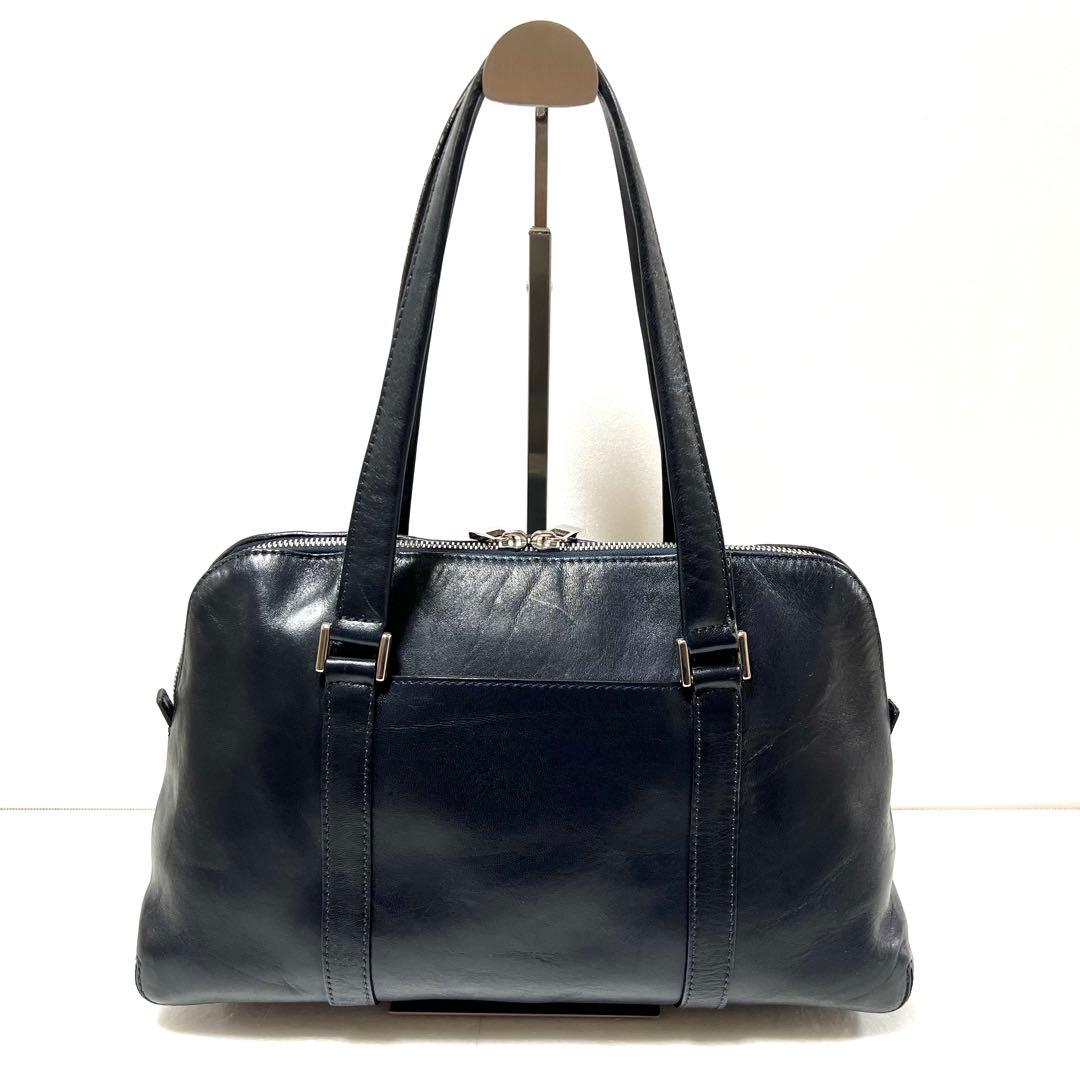 【良品】HIROFU ヒロフ ハンドバッグ ロゴ型押し ネイビー