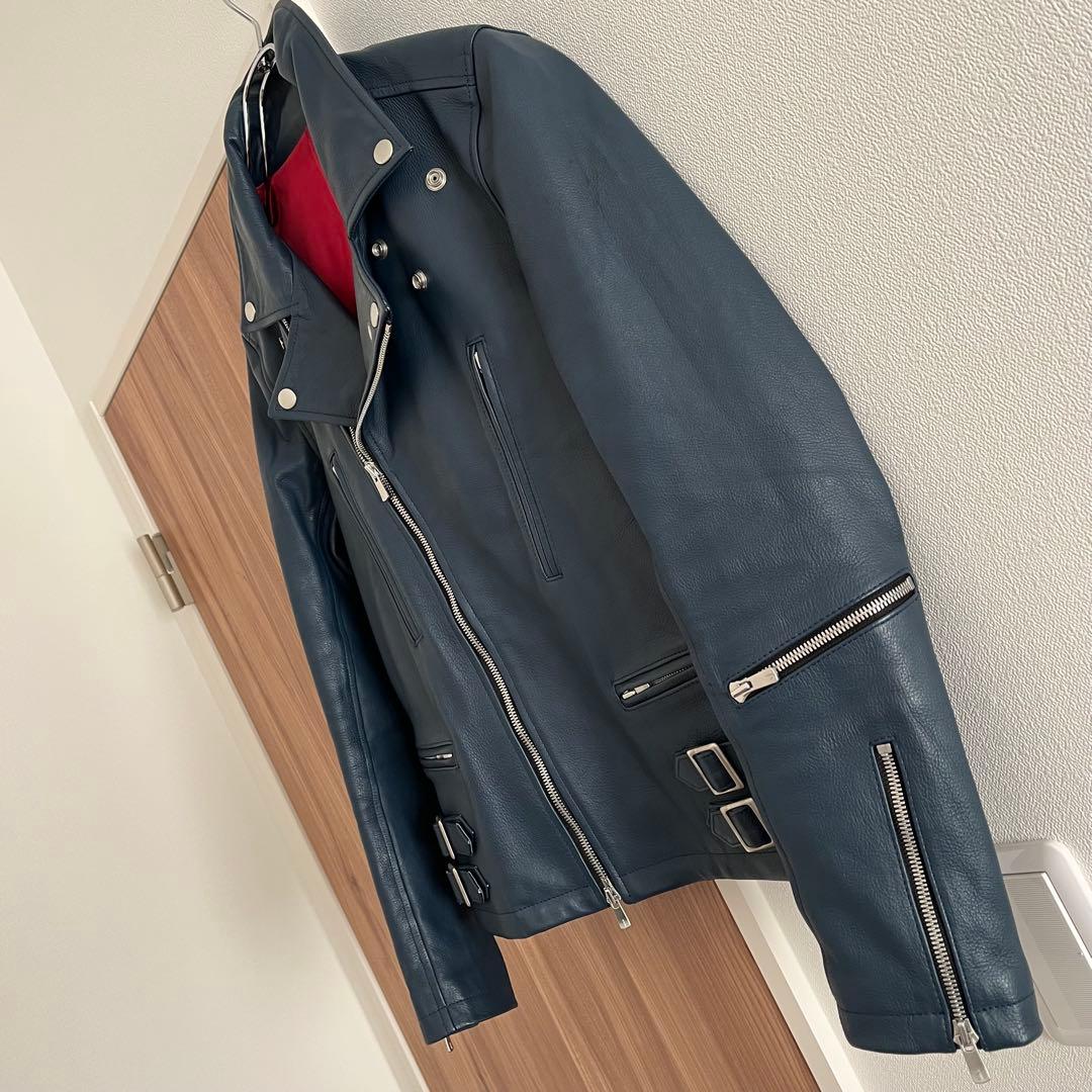 美品タグ有 NO ID. カウレザーライトニングWライダースJKT ネイビー 1