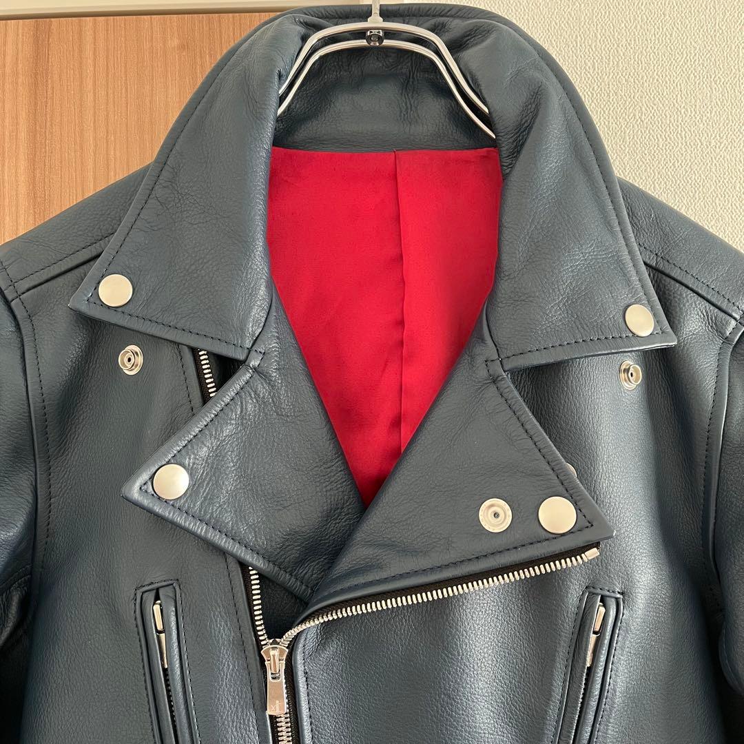 美品タグ有 NO ID. カウレザーライトニングWライダースJKT ネイビー 1