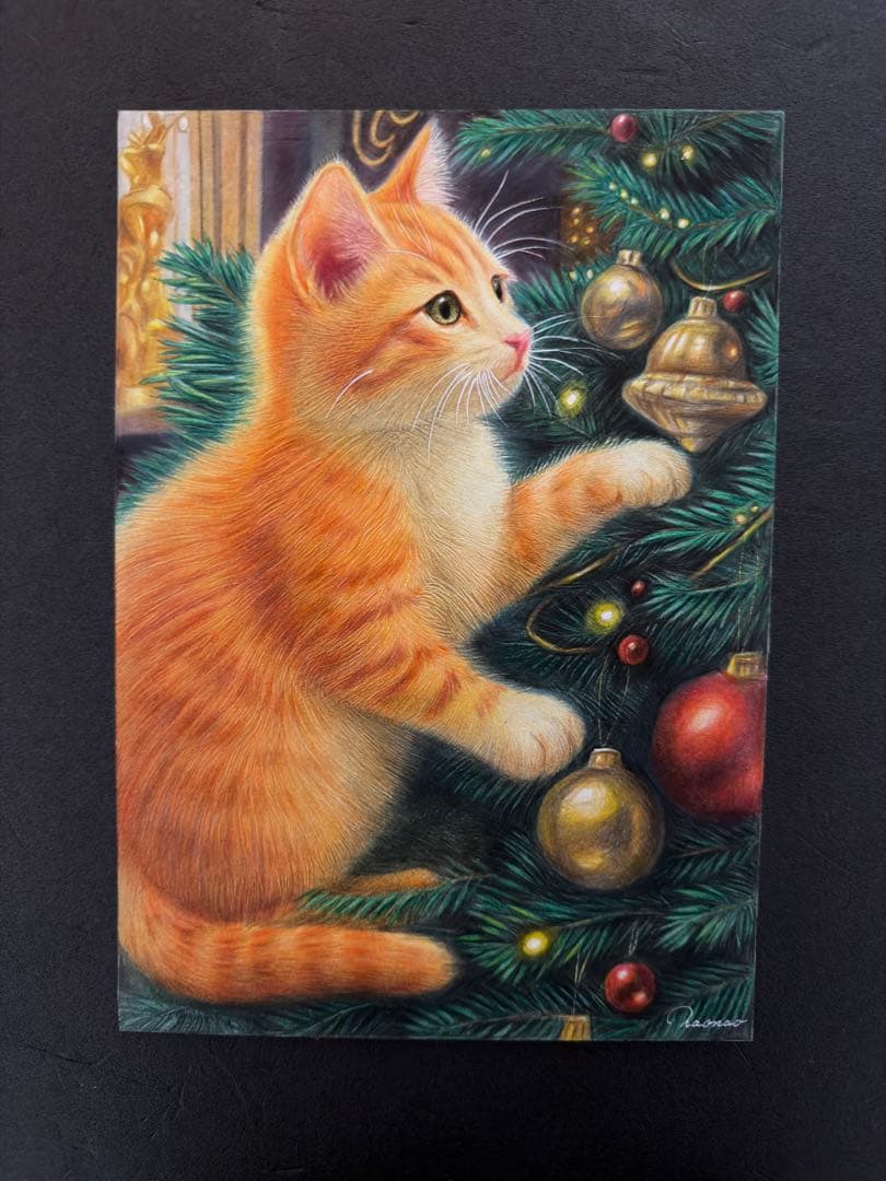 色鉛筆画A4 茶トラ白 仔猫