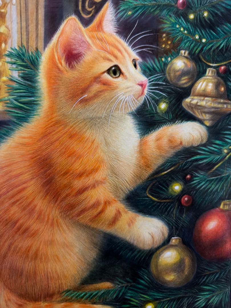 色鉛筆画A4 茶トラ白 仔猫