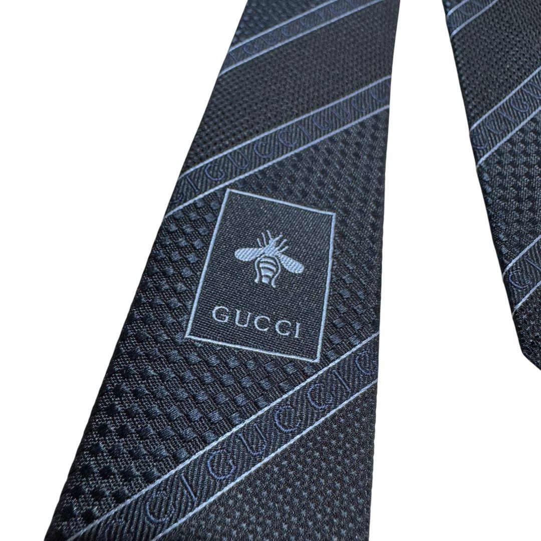 新品未使用 グッチ ネクタイ シルク ネイビー タグ付 袋付 GUCCIロゴ