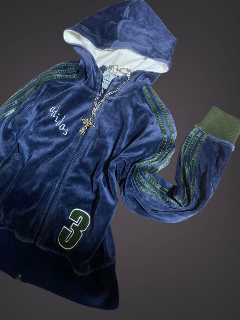 レアadidas3本線ベロア刺繍パーカy2k平成ギャルフェアリーグランジロック