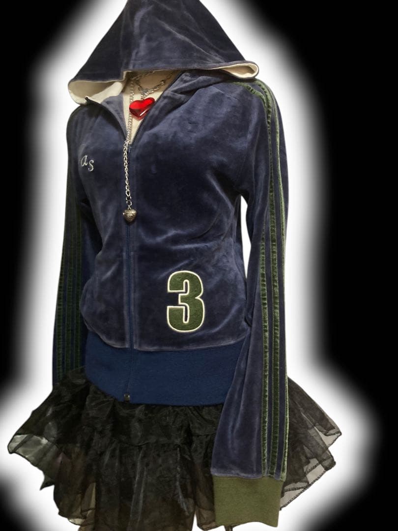レアadidas3本線ベロア刺繍パーカy2k平成ギャルフェアリーグランジロック
