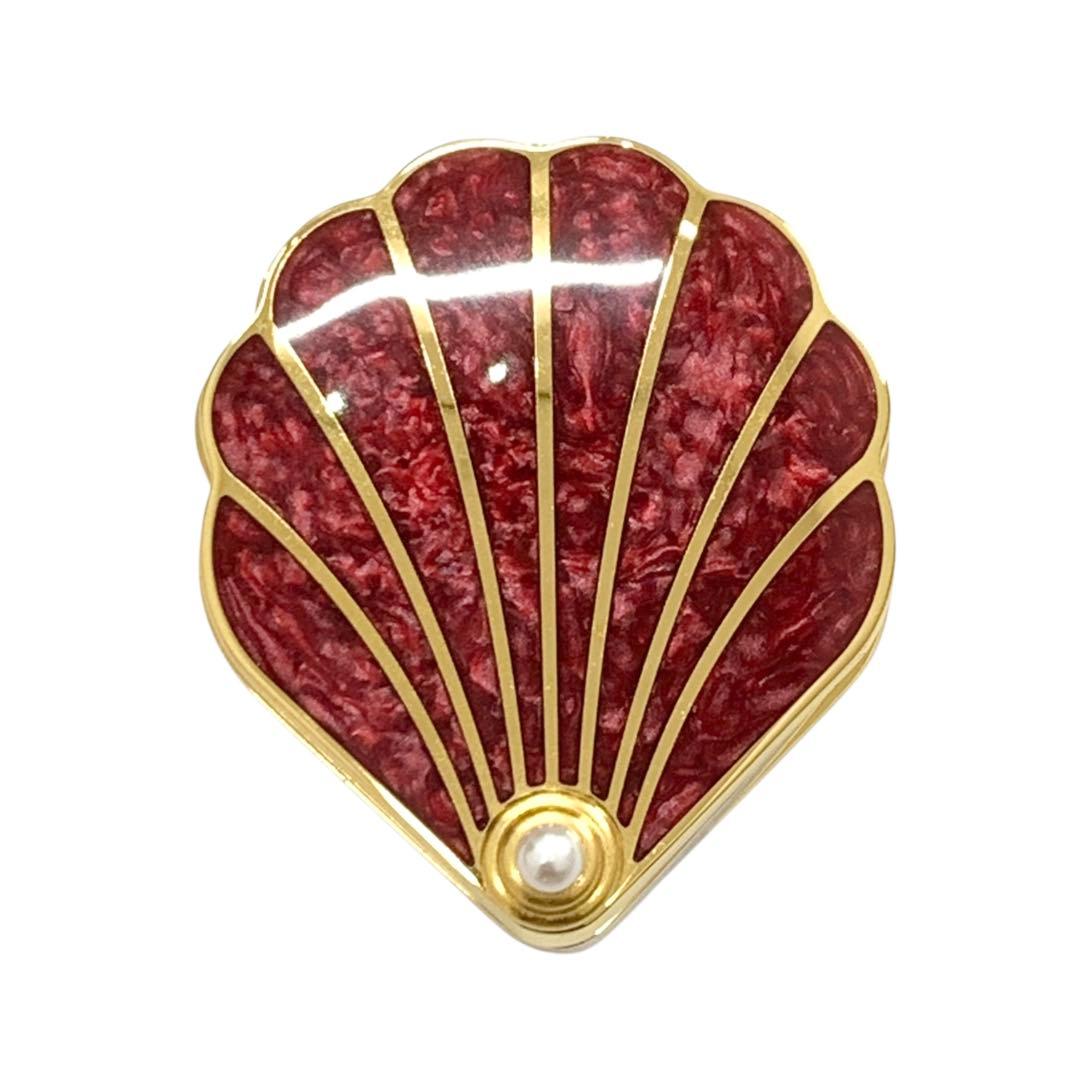 【動作未確認】MIKIMOTO ミキモト パール付 シェル型 置時計 赤系