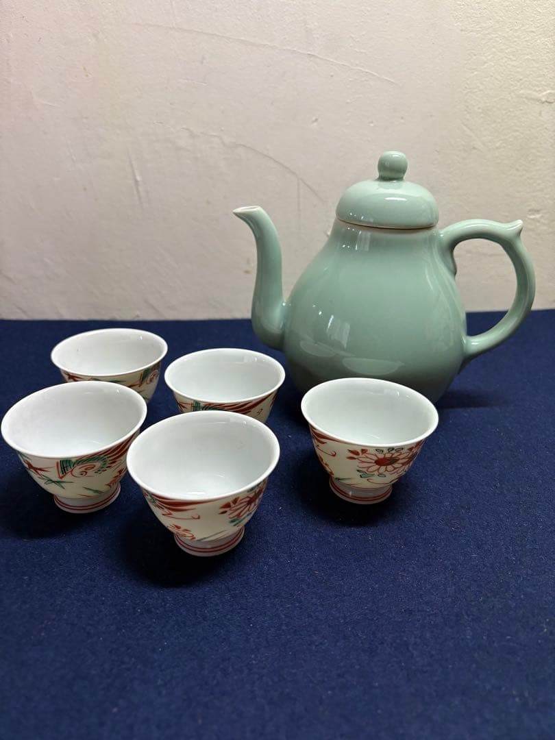 京焼　平安春峰　赤絵煎茶茶盌5点・宝泉水注セット