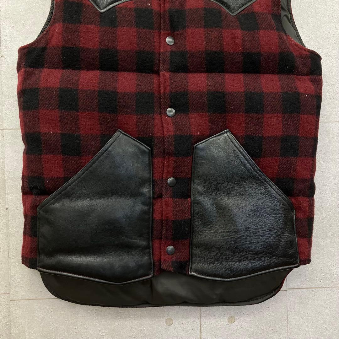 STEVENSON OVERALL ダウンベスト レザー切替 チェック 赤 黒