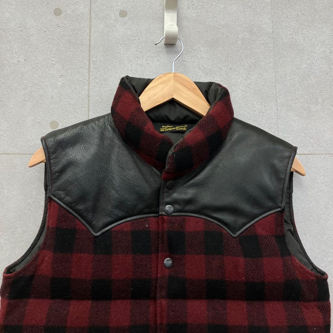 STEVENSON OVERALL ダウンベスト レザー切替 チェック 赤 黒