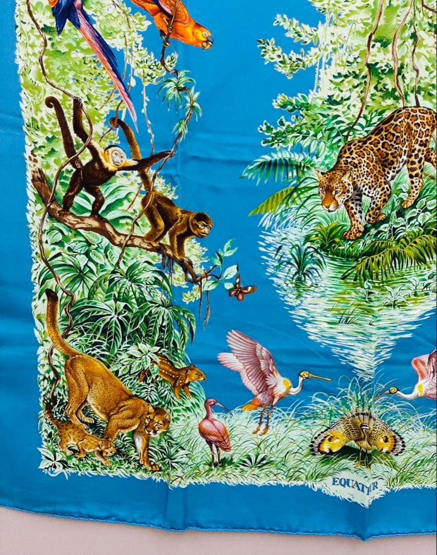 HERMES カレ90シルクスカーフ EQUATEU ブルー 箱付き エルメス