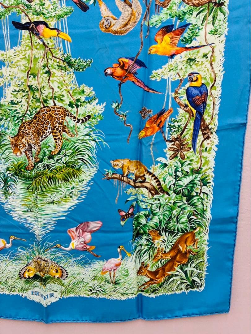 HERMES カレ90シルクスカーフ EQUATEU ブルー 箱付き エルメス