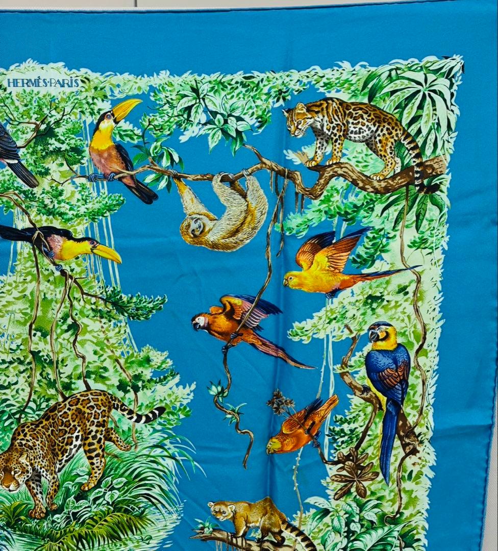 HERMES カレ90シルクスカーフ EQUATEU ブルー 箱付き エルメス