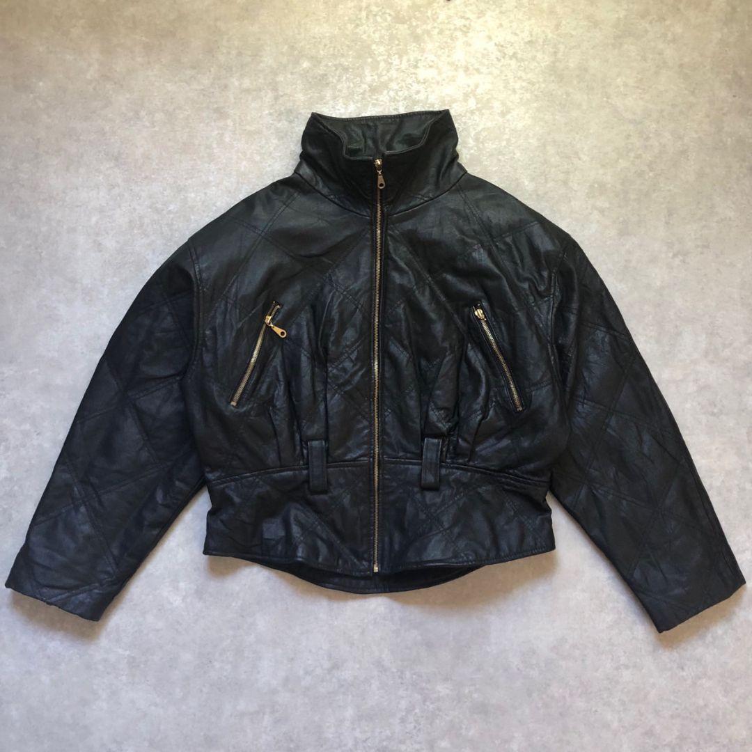 80s-90sヴィンテージダイヤモンドキルト 本革レザー ボンバージャケット短丈
