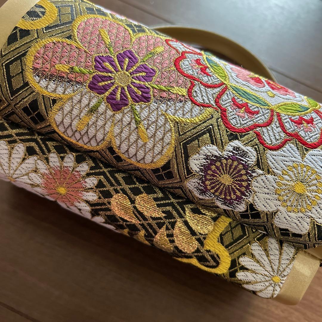 和服用　カバンと草履セット　豪華花柄黒と金