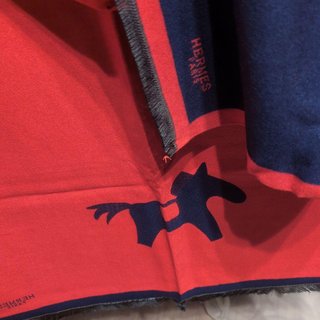 【未使用】HERMES エルメス ウール スカーフ ショール 馬 ホース 紺 赤