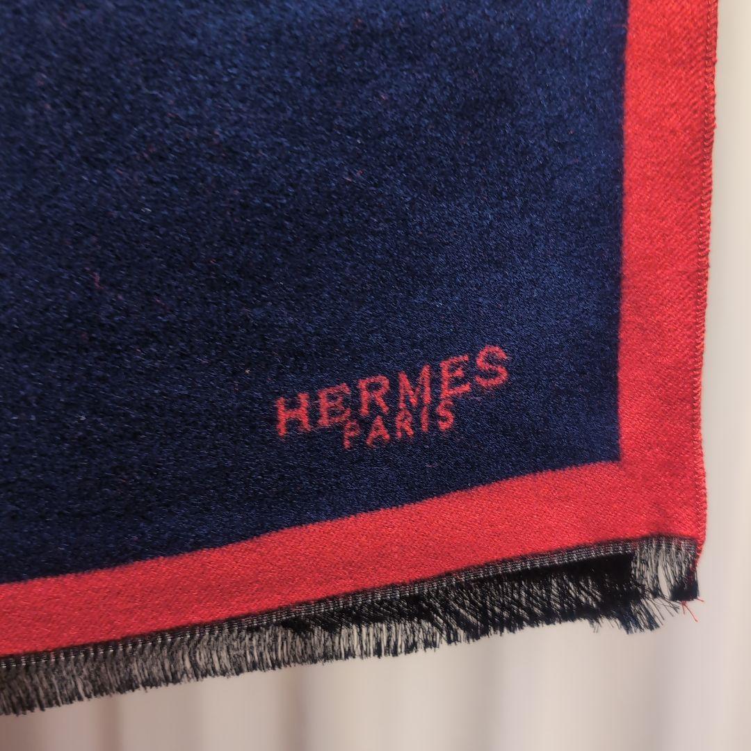 【未使用】HERMES エルメス ウール スカーフ ショール 馬 ホース 紺 赤