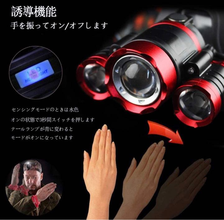 ヘッドライト LED ヘッドランプ USB 充電式センサー機能付120°調整可能