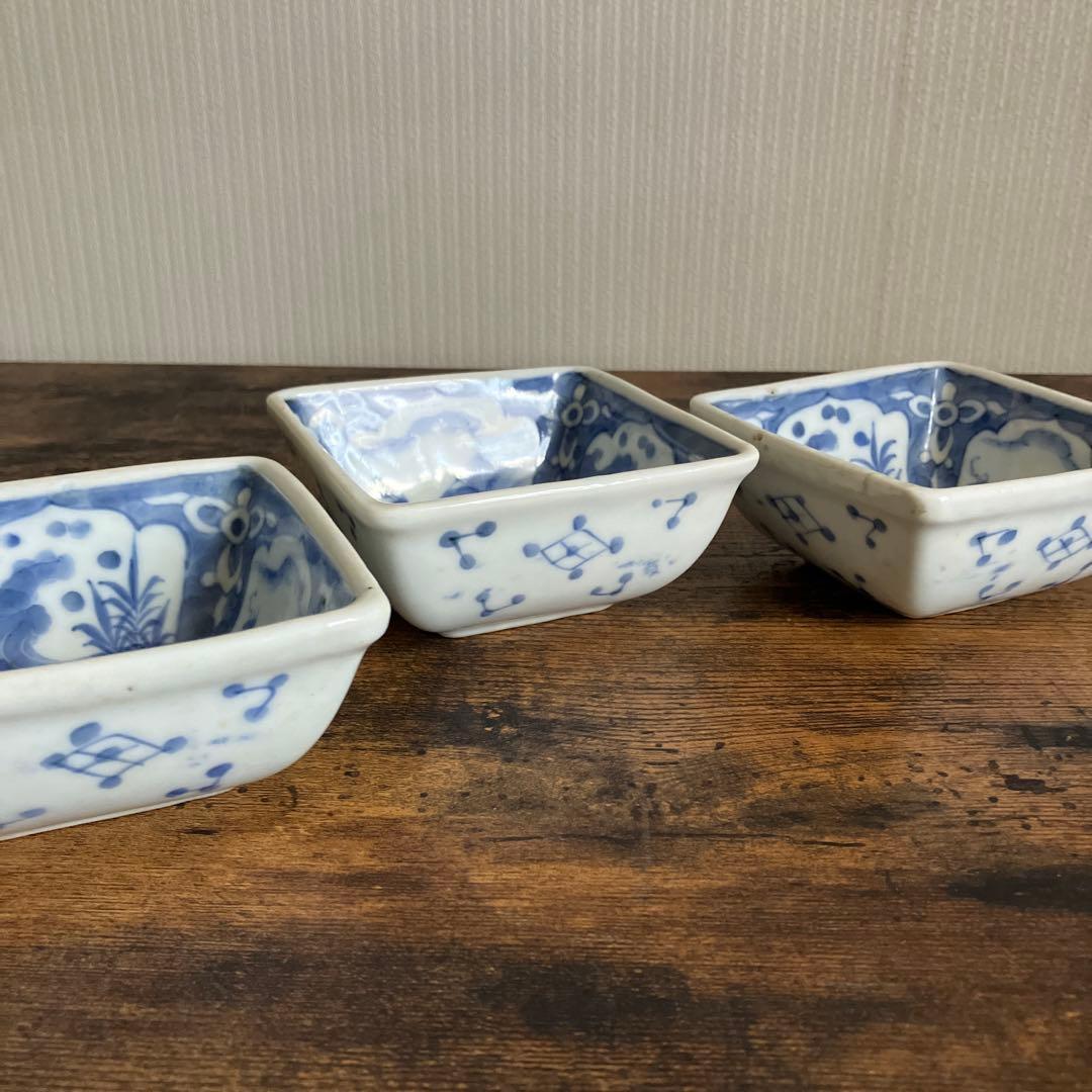 染付　古伊万里　角鉢　3客　手描き　骨董　アンティーク