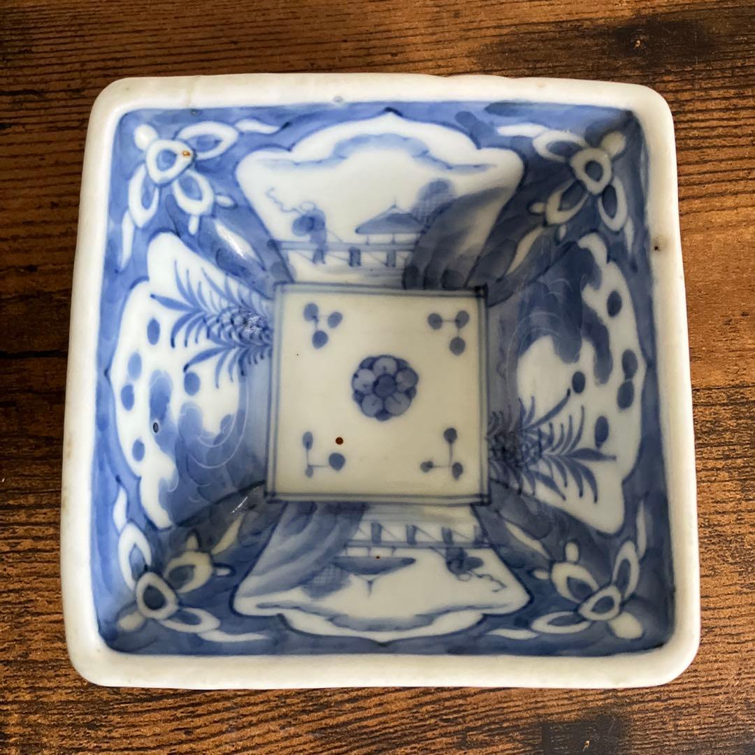 染付　古伊万里　角鉢　3客　手描き　骨董　アンティーク