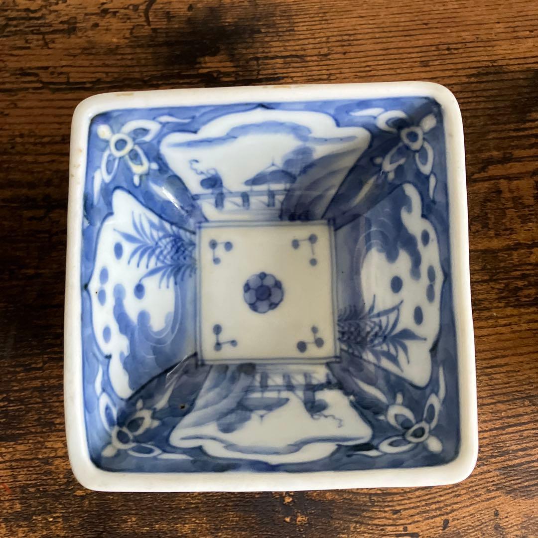 染付　古伊万里　角鉢　3客　手描き　骨董　アンティーク