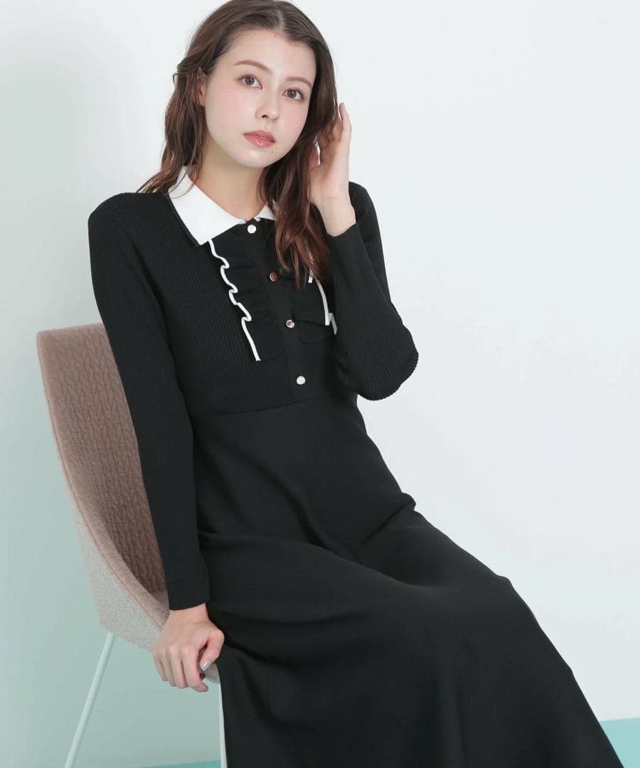 JILLSTUART フリルポロニットワンピース　ブラック