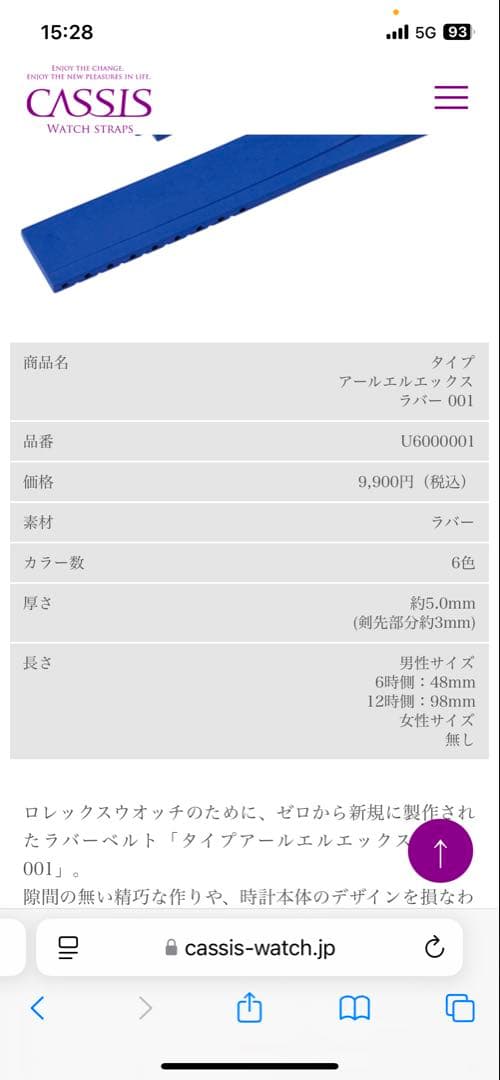 CASSIS ブラックラバーベルト 交換工具付き　ロレックス用