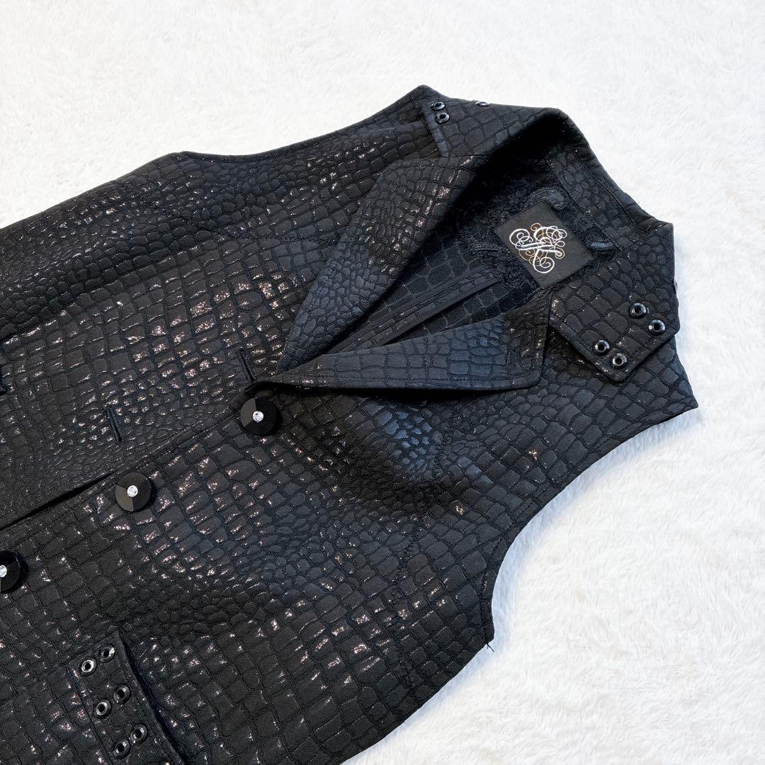 美品 伊太利屋 ロングジレ 黒 ロングベスト クロコダイル M ブラック 9号