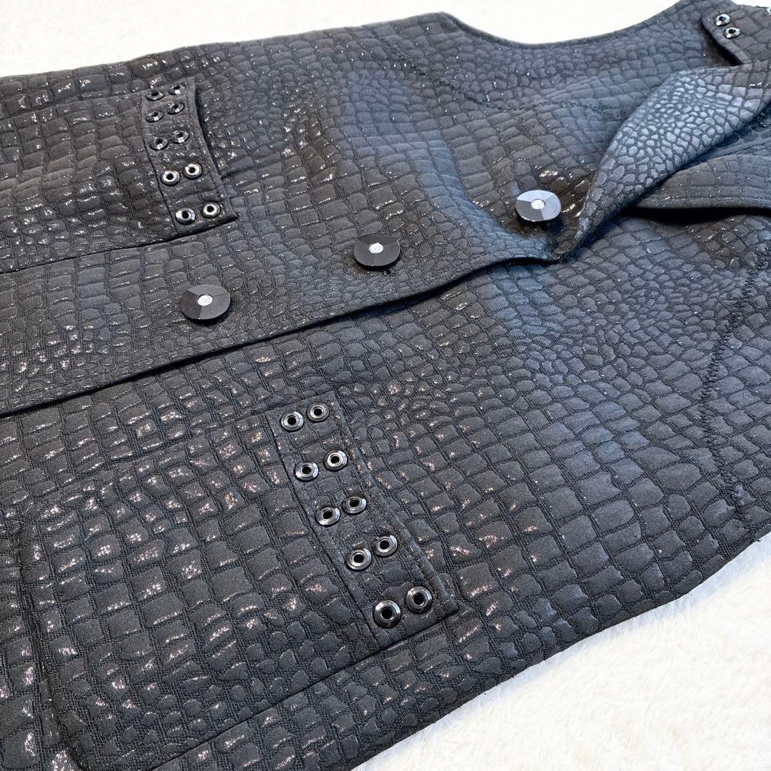 美品 伊太利屋 ロングジレ 黒 ロングベスト クロコダイル M ブラック 9号
