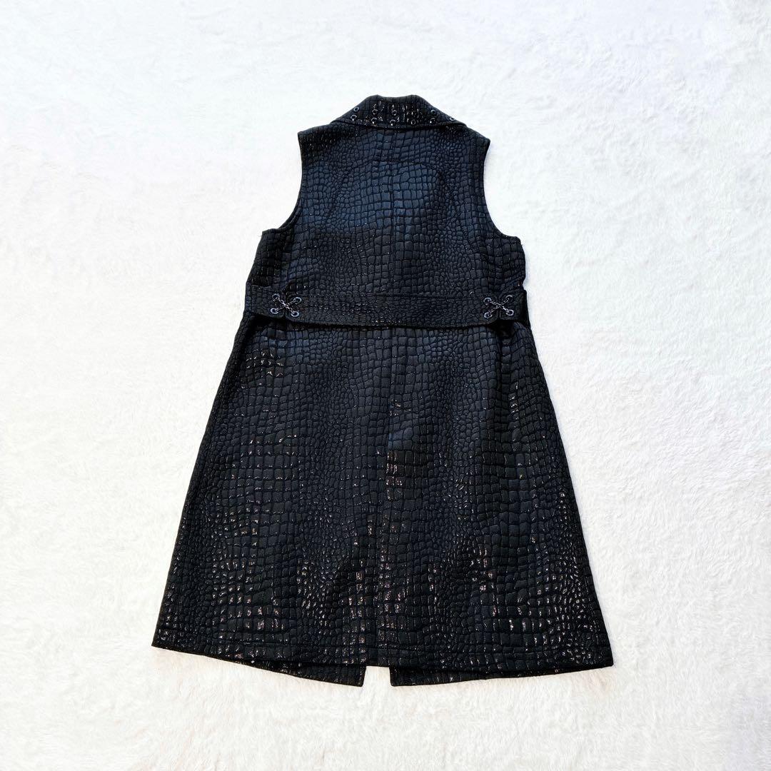 美品 伊太利屋 ロングジレ 黒 ロングベスト クロコダイル M ブラック 9号