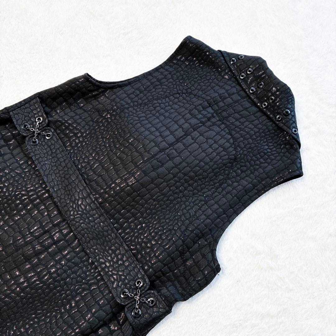 美品 伊太利屋 ロングジレ 黒 ロングベスト クロコダイル M ブラック 9号