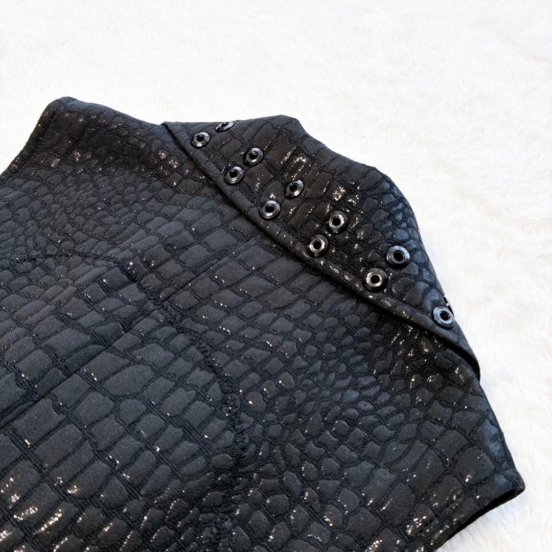 美品 伊太利屋 ロングジレ 黒 ロングベスト クロコダイル M ブラック 9号
