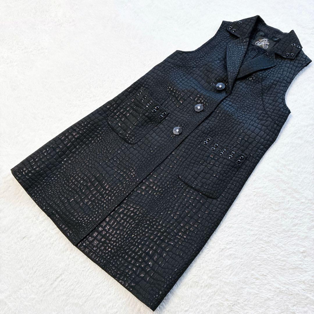美品 伊太利屋 ロングジレ 黒 ロングベスト クロコダイル M ブラック 9号