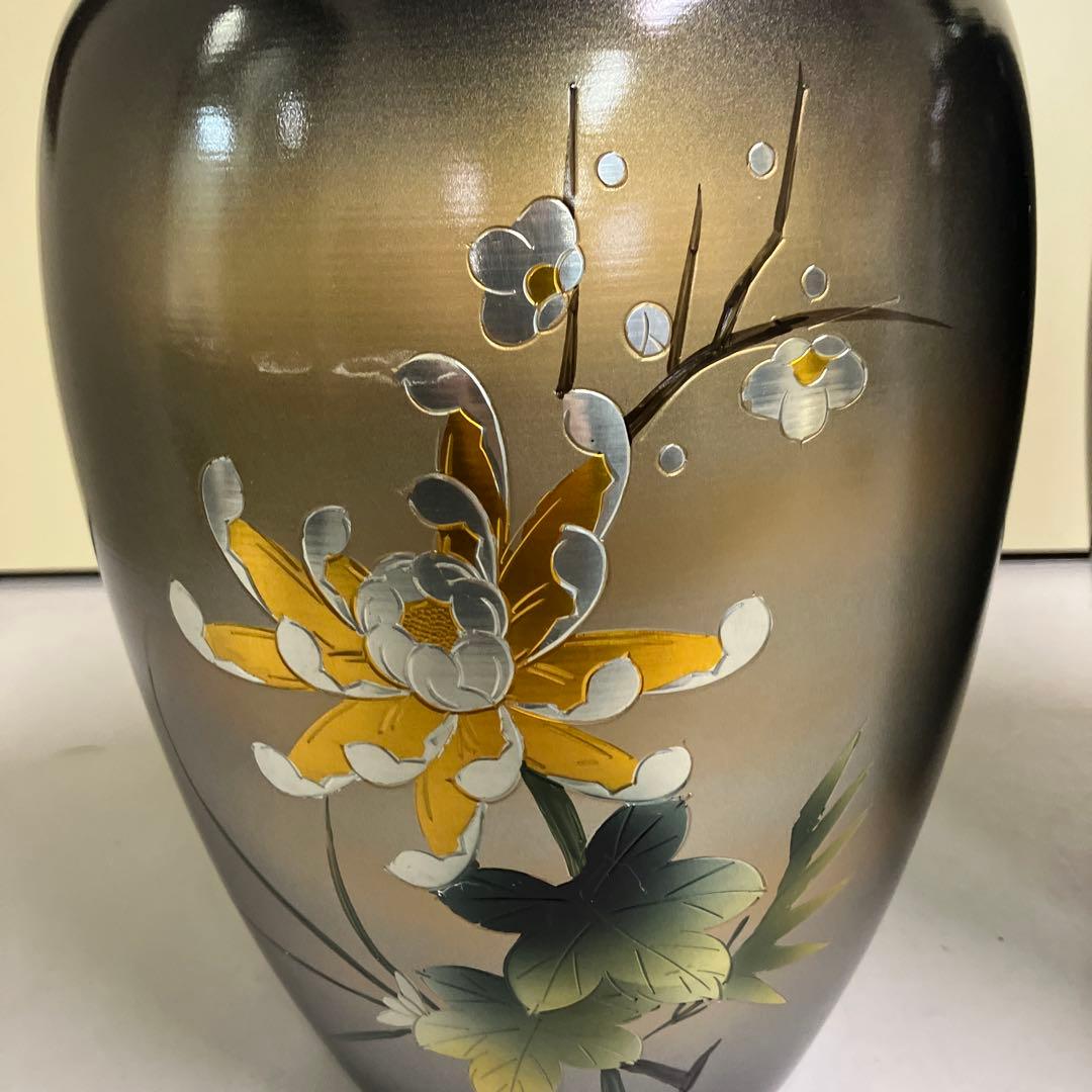 D壁 アルミ製 昭和レトロ 広口 骨董品 花瓶 花器 2つセット 外箱付き