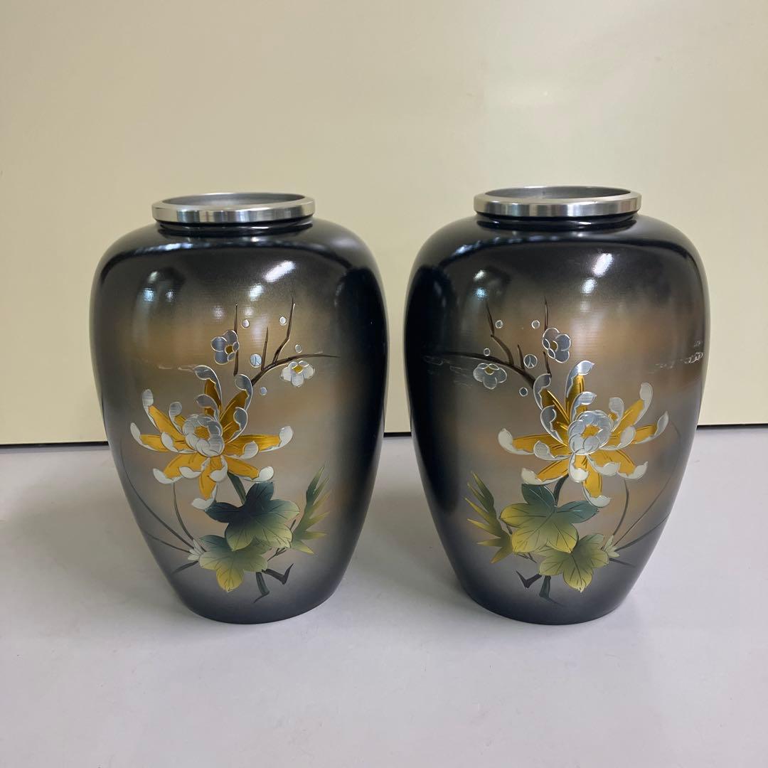 D壁 アルミ製 昭和レトロ 広口 骨董品 花瓶 花器 2つセット 外箱付き