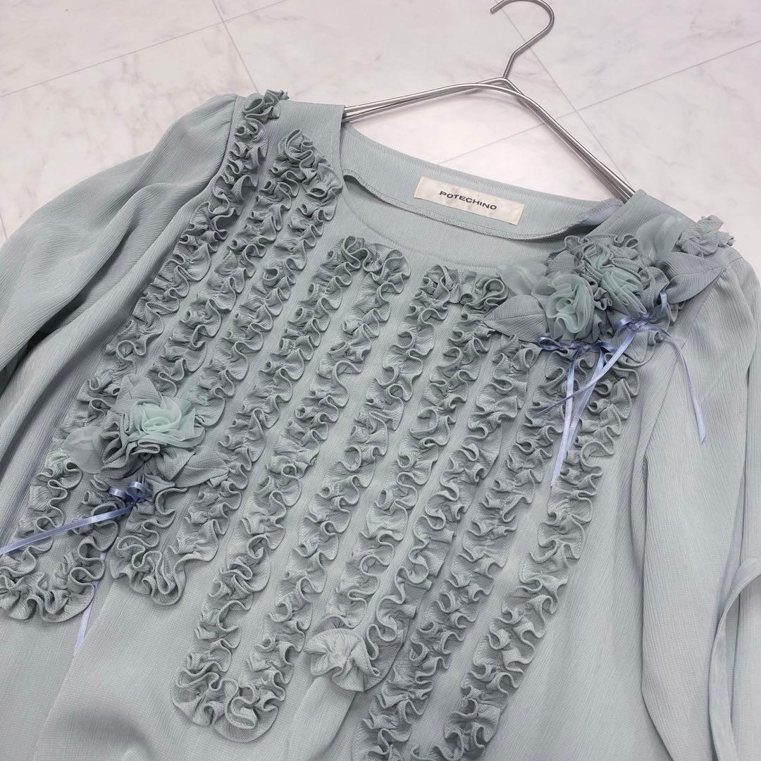 美品✨POTECHINO ミントグリーン　フリル　花モチーフ　ワンピース　リボン