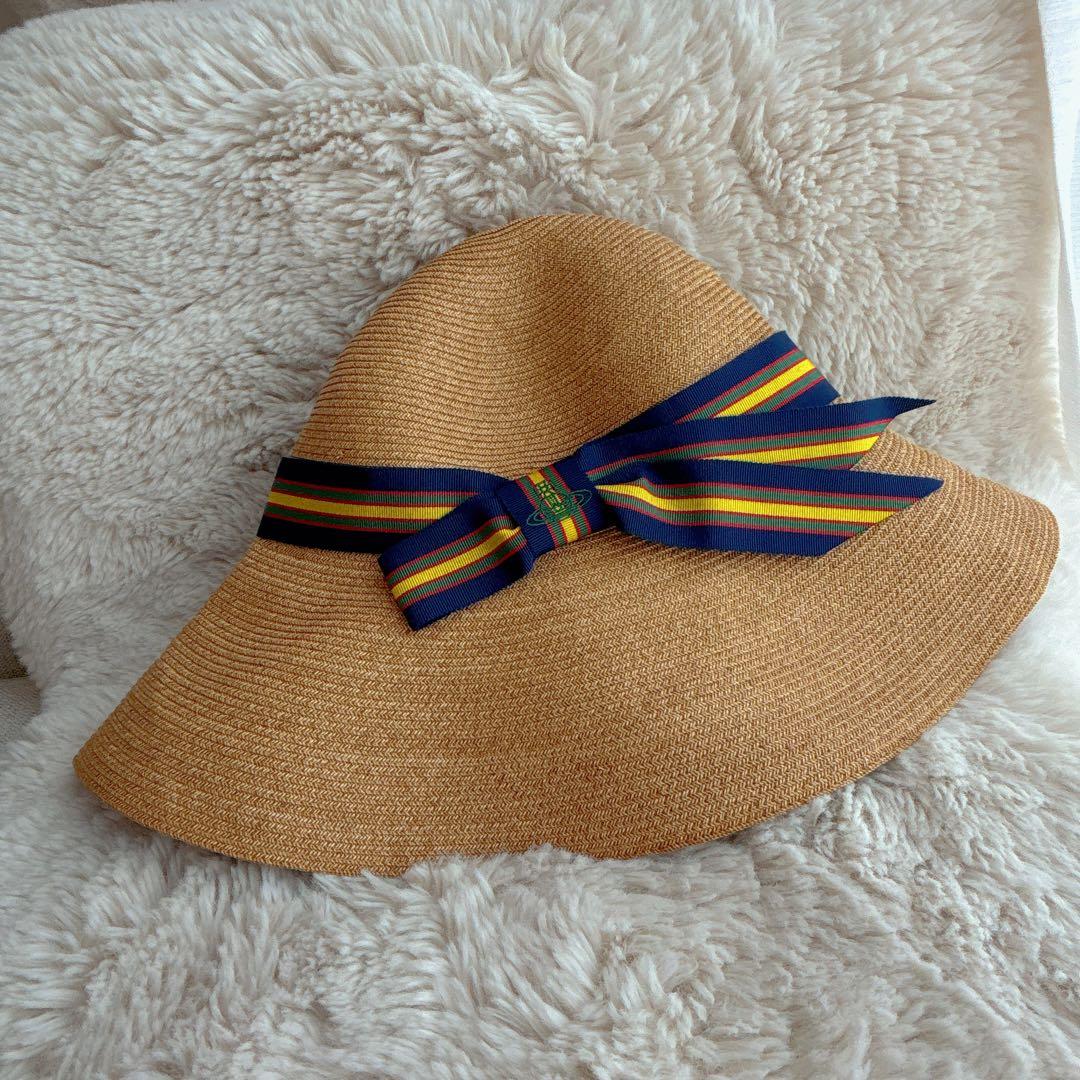 ヴィヴィアンウエストウッド リボン オーブ刺繍 ペーパーハット 麦わら 帽子