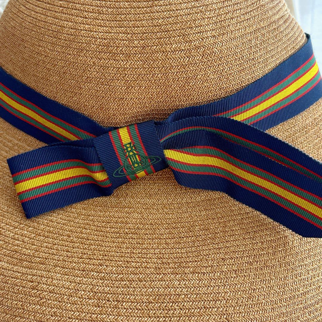 ヴィヴィアンウエストウッド リボン オーブ刺繍 ペーパーハット 麦わら 帽子