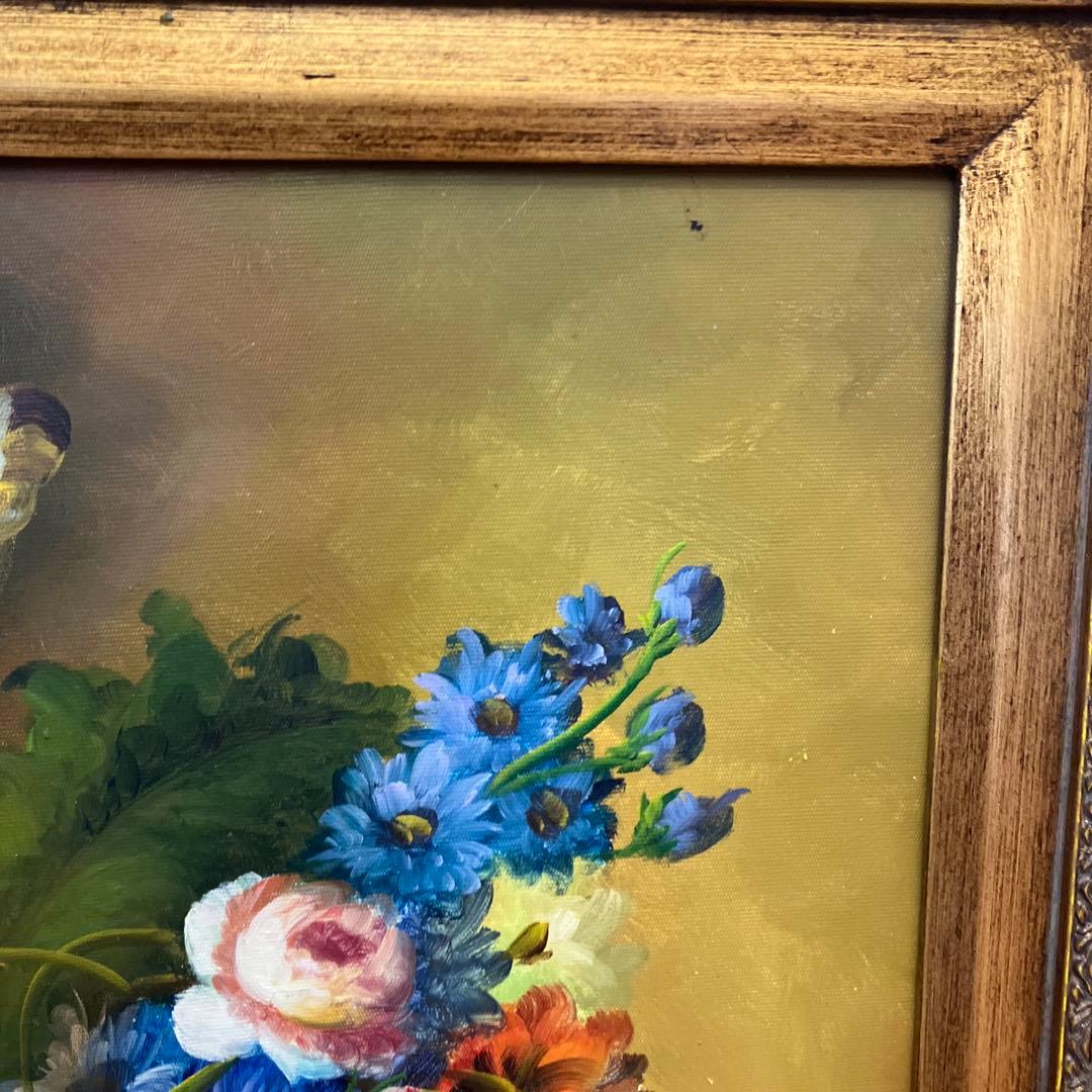 昭和レトロ 花瓶の花束 油絵 油彩画 絵画 アート 壁掛け 壁飾り 額装 額縁