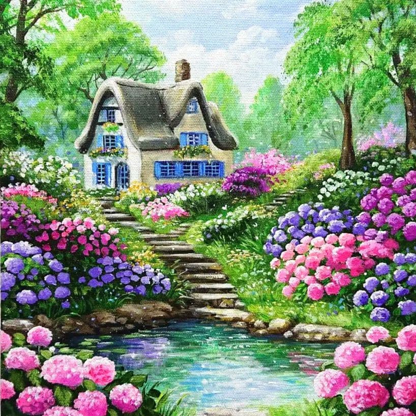 【紫陽花が咲く頃】アクリル画 F3 風景画 絵画