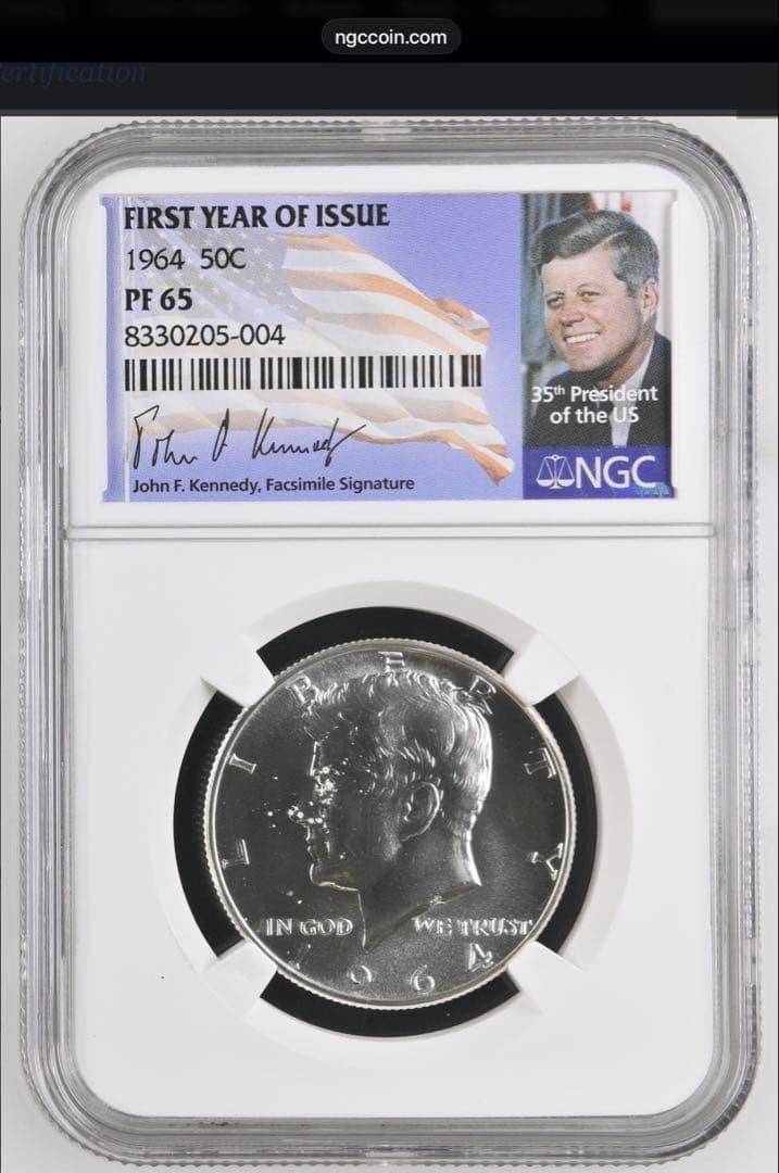 【NGC鑑定】1964年 ケネディ ハーフダラー PF65 銀貨オリジナルラベル