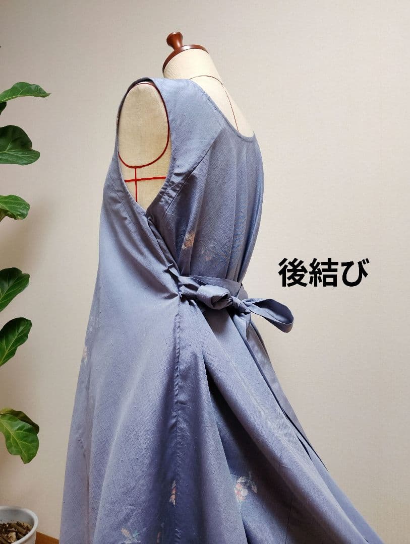 着物リメイク❀紬フレアーワンピース❀正絹ブルー花柄ストールリボン2本付き❀