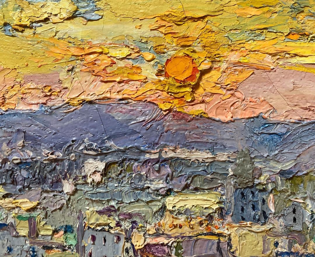 作者不詳「風景画」額装●油彩画作品 サイン 夕日の色に包まれた街なみが素敵です●