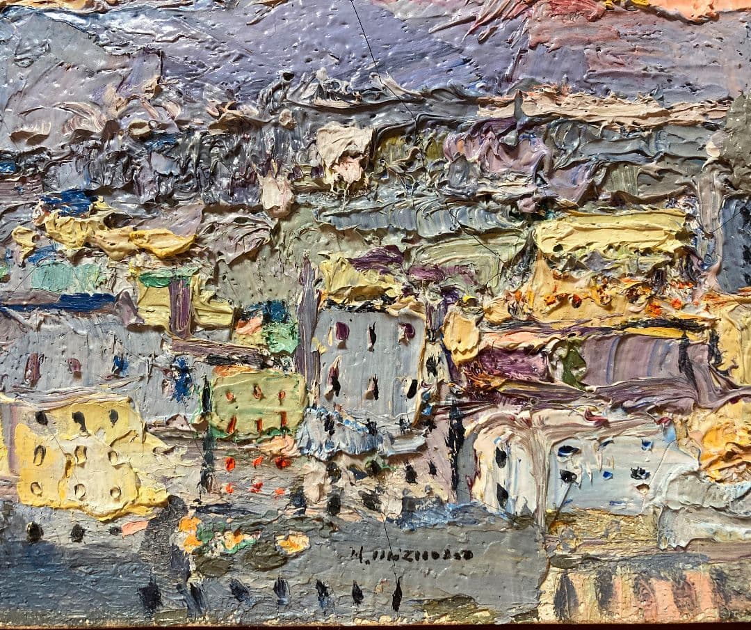 作者不詳「風景画」額装●油彩画作品 サイン 夕日の色に包まれた街なみが素敵です●