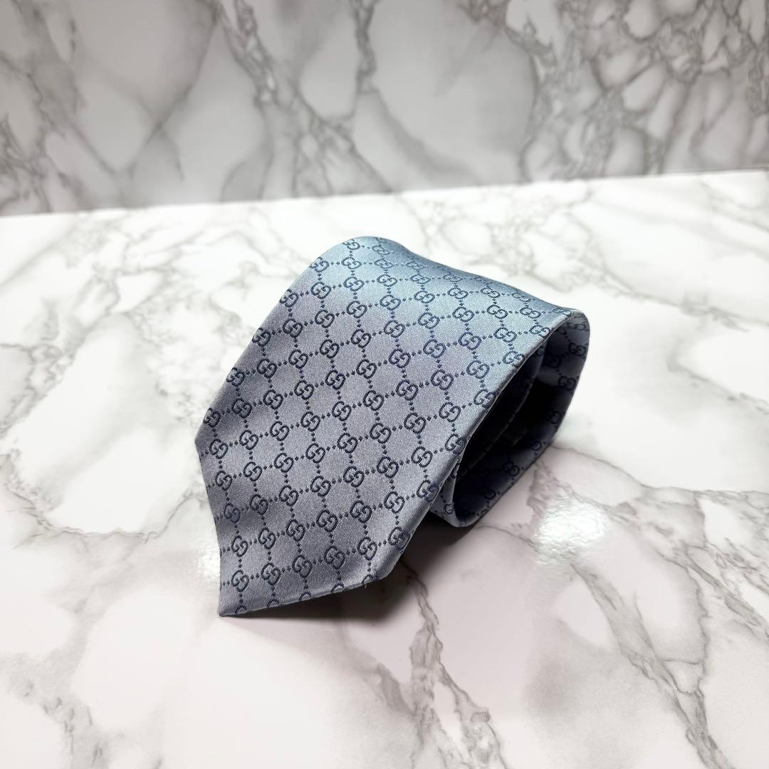 ✨美品✨ 旧タグ GUCCI ネクタイ シルク100% GG柄 ツヤ 水色