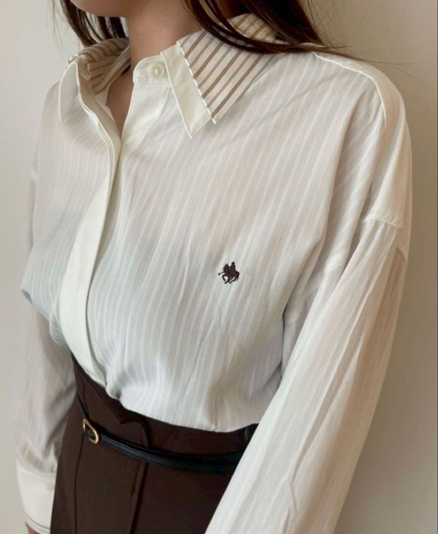 美品POLO BCSコラボ レイヤードカラーカフスシャツ ホワイト ストライプ