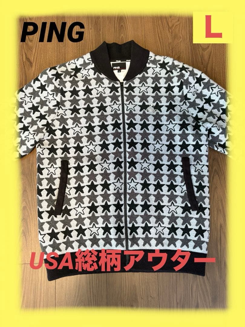 長袖 フルジップ 裏付ニットブルゾン メンズ USA総柄 アウター ゴルフウェア