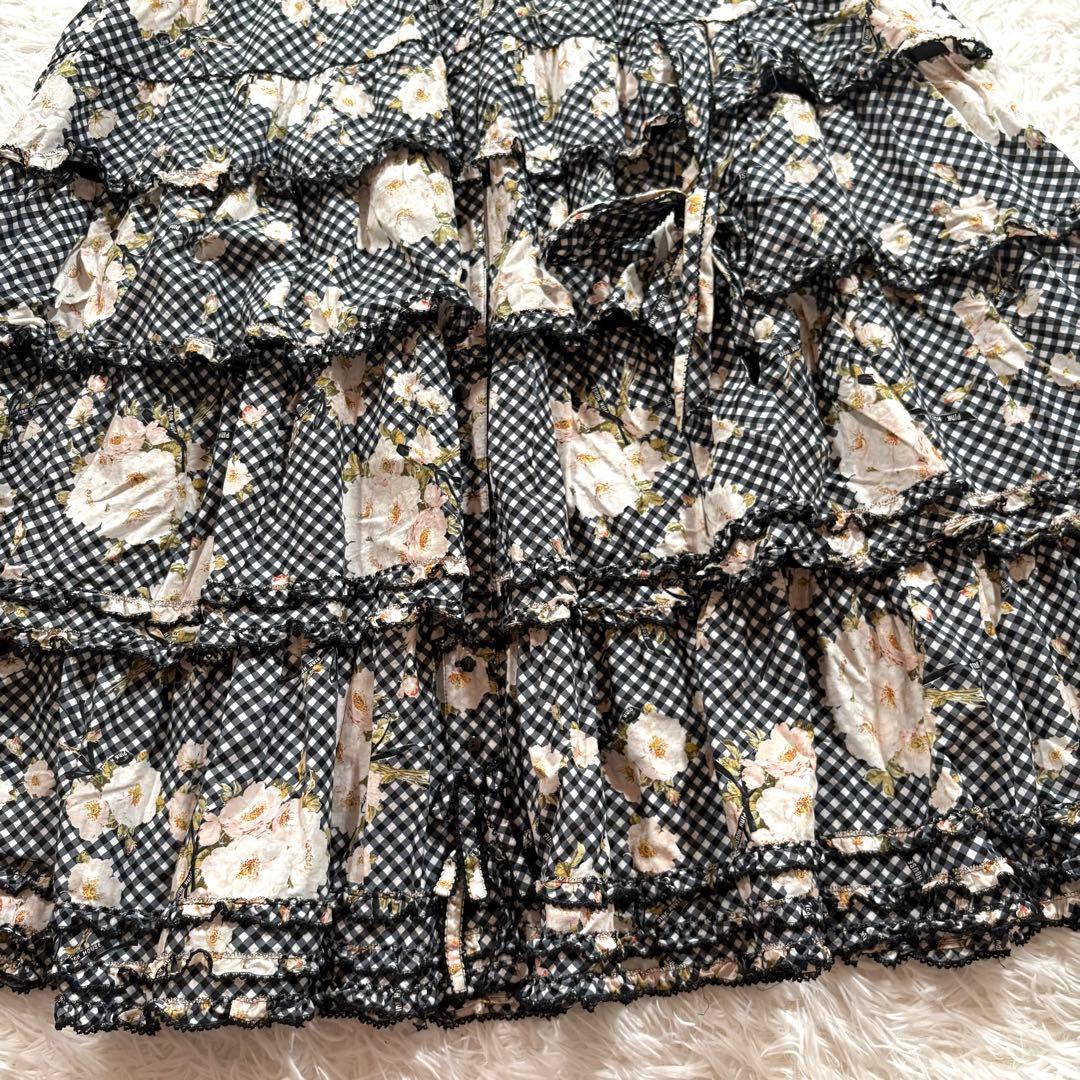 美品✨ピンクハウス　野ばらギンガムチェックワンピース　ブラック　ティアード　段々