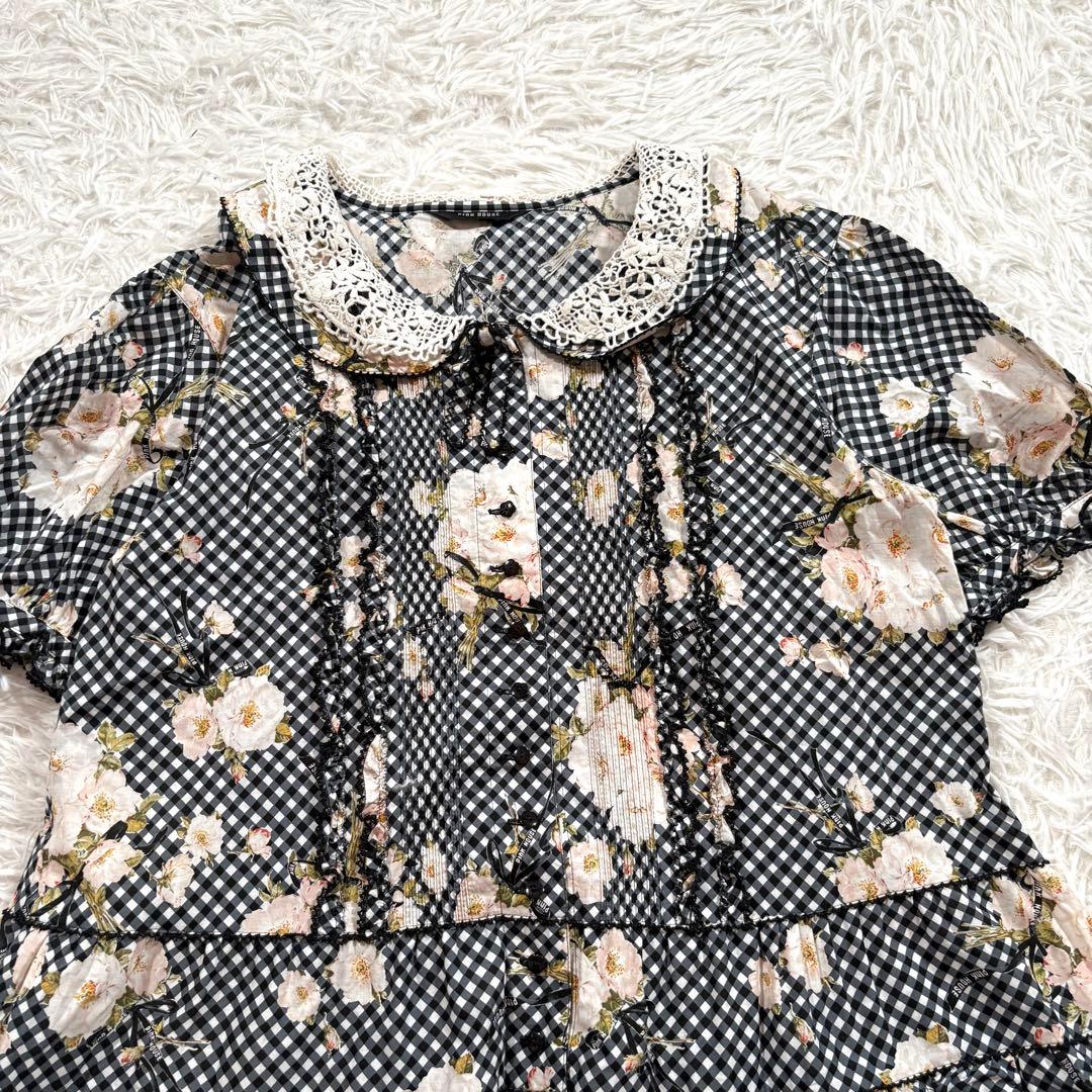 美品✨ピンクハウス　野ばらギンガムチェックワンピース　ブラック　ティアード　段々